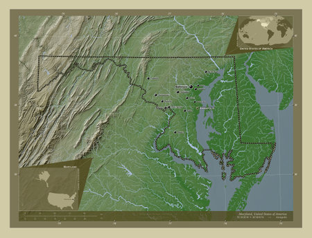 Maryland, state of United States of America. Elevation map colored in wiki style with lakes and rivers. Locations and names of major cities of the region. Corner auxiliary location mapsの写真素材