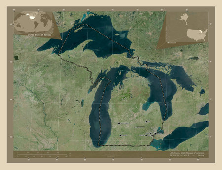 Michigan, state of United States of America. High resolution satellite maps. Locations and names of major cities of the region. Corner auxiliary location mapsの写真素材