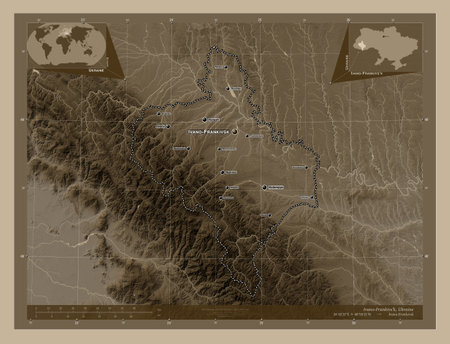 Ivano-Frankivs'k, region of Ukraine. Elevation map colored in sepia tones with lakes and rivers. Locations and names of major cities of the region. Corner auxiliary location mapsの写真素材