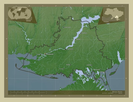 Kherson, region of Ukraine. Elevation map colored in wiki style with lakes and rivers. Locations and names of major cities of the region. Corner auxiliary location mapsの写真素材