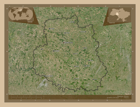 Vinnytsya, region of Ukraine. Low resolution satellite maps. Locations and names of major cities of the region. Corner auxiliary location mapsの写真素材