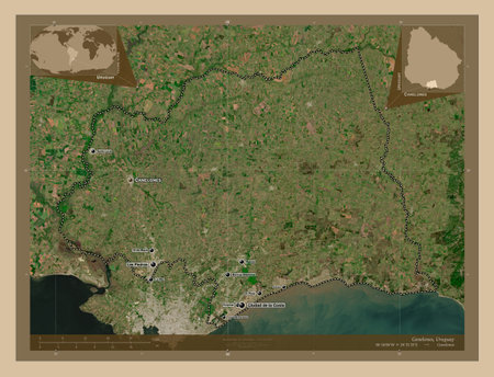 Canelones, department of Uruguay. Low resolution satellite maps. Locations and names of major cities...