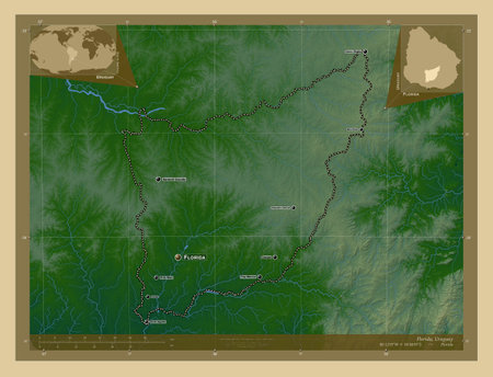 Florida, department of Uruguay. Colored elevation map with lakes and rivers. Locations and names of major cities of the region. Corner auxiliary location mapsの写真素材