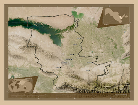 Jizzakh, region of Uzbekistan. Low resolution satellite maps. Locations and names of major cities of the region. Corner auxiliary location mapsの写真素材