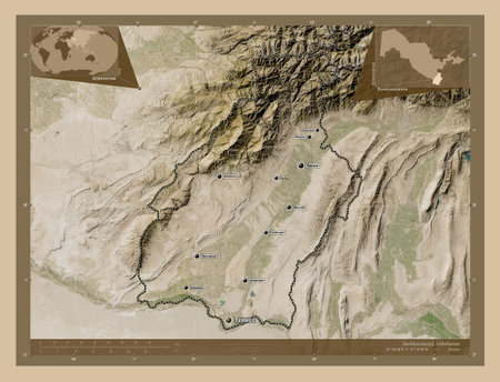 Surkhandarya, region of Uzbekistan. Low resolution satellite maps. Locations and names of major cities of the region. Corner auxiliary location mapsの写真素材
