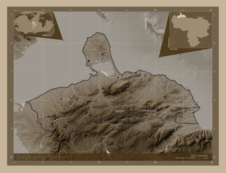 Falcon, state of Venezuela. Elevation map colored in sepia tones with lakes and rivers. Locations and names of major cities of the region. Corner auxiliary location mapsの写真素材