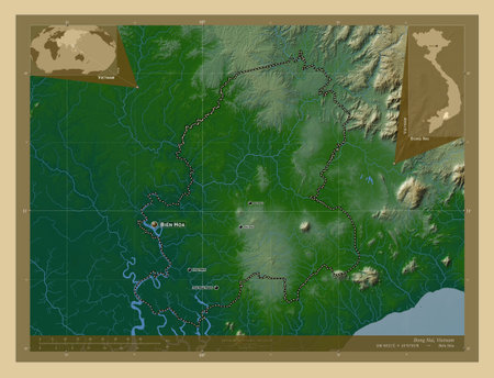 ong Nai, province of Vietnam. Colored elevation map with lakes and rivers. Locations and names of...