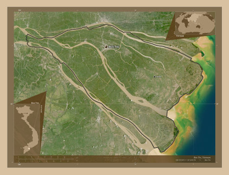 Ben Tre, province of Vietnam. Low resolution satellite maps. Locations and names of major cities of...