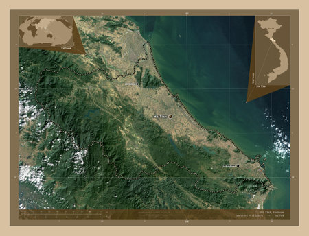 Ha Tinh, province of Vietnam. Low resolution satellite maps. Locations and names of major cities of the region. Corner auxiliary location mapsの写真素材