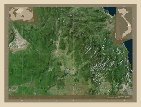 Kon Tum, province of Vietnam. High resolution satellite maps. Locations and names of major cities of the region. Corner auxiliary location mapsの写真素材
