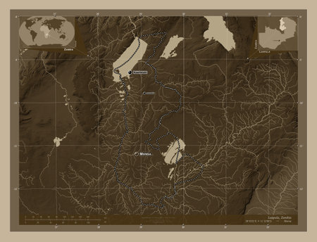Luapula, province of Zambia. Elevation map colored in sepia tones with lakes and rivers. Locations and names of major cities of the region. Corner auxiliary location mapsの写真素材