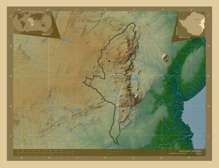 Manicaland, province of Zimbabwe. Colored elevation map with lakes and rivers. Locations and names of major cities of the region. Corner auxiliary location mapsの写真素材
