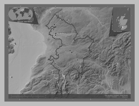 East Ayrshire, region of Scotland - Great Britain. Grayscale elevation map with lakes and rivers....