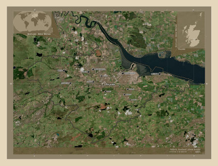 Falkirk, region of Scotland - Great Britain. High resolution satellite maps. Locations and names of...