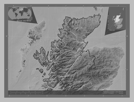 Highland, region of Scotland - Great Britain. Grayscale elevation map with lakes and rivers. Locations and names of major cities of the region. Corner auxiliary location mapsの写真素材