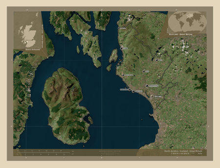 North Ayrshire, region of Scotland - Great Britain. High resolution satellite maps. Locations and names of major cities of the region. Corner auxiliary location mapsの写真素材