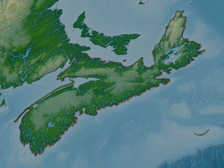 Nova Scotia, province of Canada. Colored elevation map with lakes and riversの写真素材