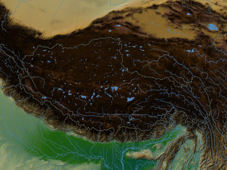 Xizang, an autonomous region of China. Colored elevation map with lakes and riversの写真素材