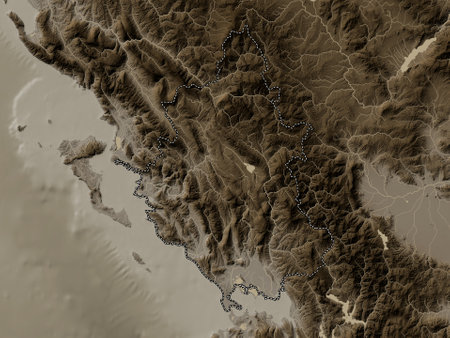 Epirus, decentralized administration of Greece. Elevation map colored in sepia tones with lakes and riversの写真素材