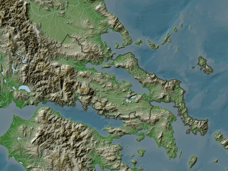 Central Greece, decentralized administration of Greece. Elevation map colored in wiki style with lakes and riversの写真素材