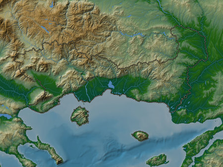 Eastern Macedonia and Thrace, decentralized administration of Greece. Colored elevation map with lakes and riversの写真素材