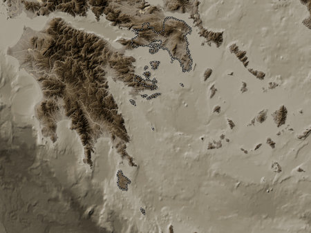 Attica, decentralized administration of Greece. Elevation map colored in sepia tones with lakes and riversの写真素材