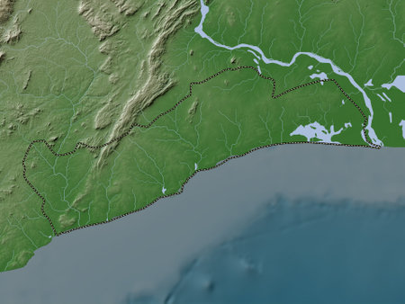 Greater Accra, region of Ghana. Elevation map colored in wiki style with lakes and riversの写真素材