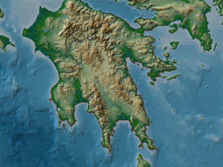 Peloponnese, decentralized administration of Greece. Colored elevation map with lakes and riversの写真素材