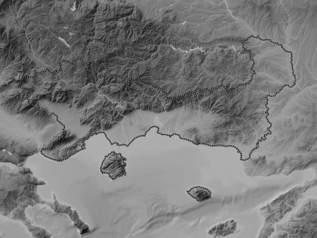 Eastern Macedonia and Thrace, decentralized administration of Greece. Grayscale elevation map with lakes and riversの写真素材