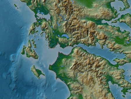Western Greece, decentralized administration of Greece. Colored elevation map with lakes and riversの写真素材