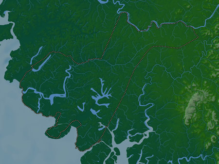 Tombali, region of Guinea-Bissau. Colored elevation map with lakes and rivers