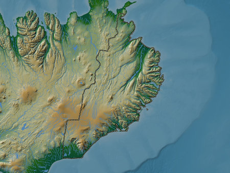 Austurland, region of Iceland. Colored elevation map with lakes and riversの写真素材
