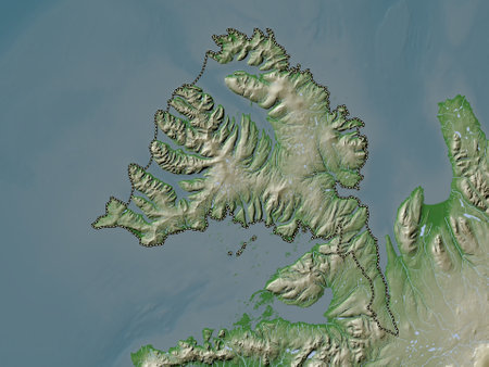 Vestfirir, region of Iceland. Elevation map colored in wiki style with lakes and riversの写真素材