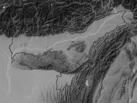 Assam, state of India. Grayscale elevation map with lakes and rivers