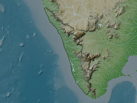 Kerala, state of India. Elevation map colored in wiki style with lakes and riversの写真素材