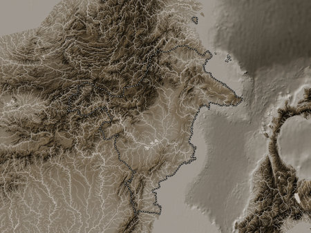 Kalimantan Timur, province of Indonesia. Elevation map colored in sepia tones with lakes and riversの写真素材