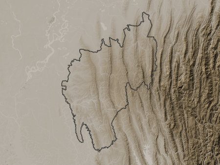 Tripura, state of India. Elevation map colored in sepia tones with lakes and riversの写真素材