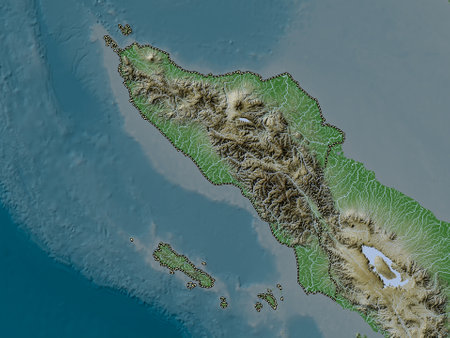 Aceh, autonomous province of Indonesia. Elevation map colored in wiki style with lakes and riversの写真素材