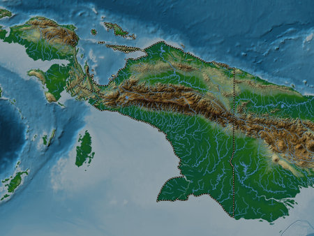 Papua, province of Indonesia. Colored elevation map with lakes and riversの写真素材