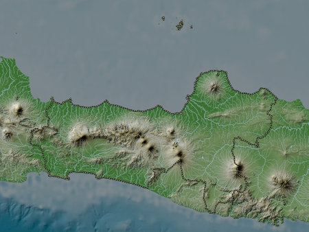 Jawa Tengah, city of Indonesia. Elevation map colored in wiki style with lakes and riversの写真素材