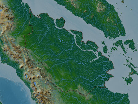 Riau, province of Indonesia. Colored elevation map with lakes and riversの写真素材