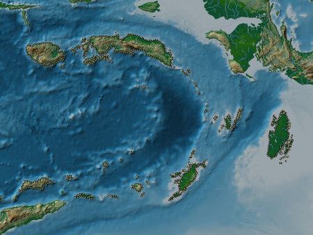 Maluku, province of Indonesia. Colored elevation map with lakes and riversの写真素材