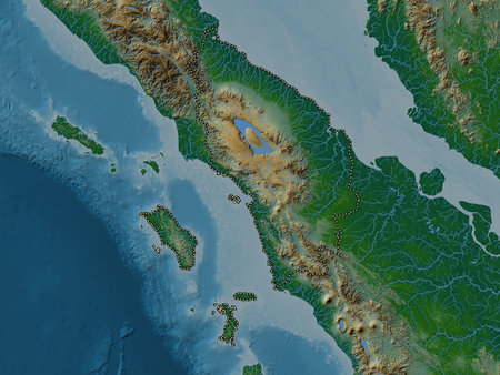 Sumatera Utara, province of Indonesia. Colored elevation map with lakes and rivers