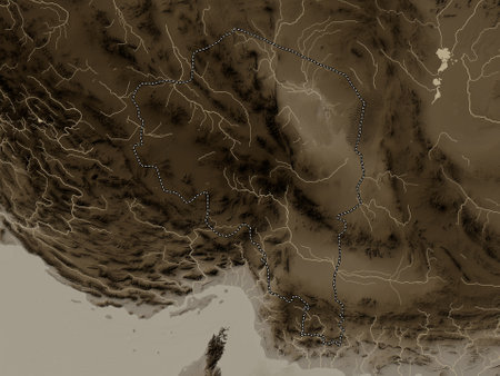 Kerman, province of Iran. Elevation map colored in sepia tones with lakes and riversの写真素材