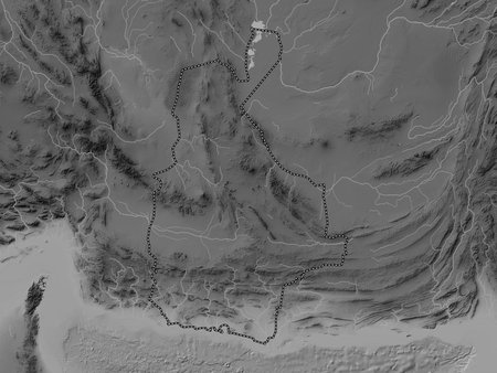 Sistan and Baluchestan, province of Iran. Grayscale elevation map with lakes and riversの写真素材