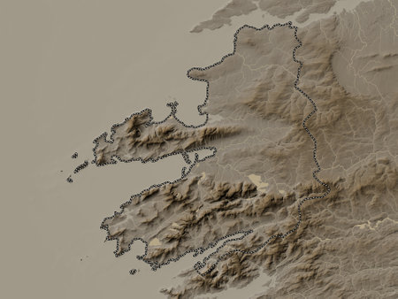 Kerry, county of Ireland. Elevation map colored in sepia tones with lakes and riversの写真素材