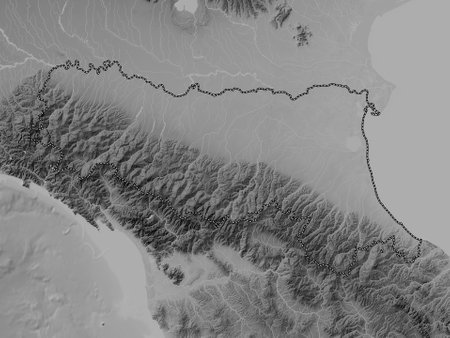 Emilia-Romagna, region of Italy. Grayscale elevation map with lakes and riversの写真素材