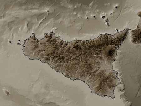 Sicily, autonomous region of Italy. Elevation map colored in sepia tones with lakes and riversの写真素材