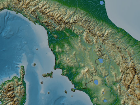 Tuscany, region of Italy. Colored elevation map with lakes and riversの写真素材
