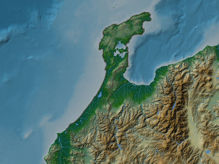 Ishikawa, prefecture of Japan. Colored elevation map with lakes and riversの写真素材
